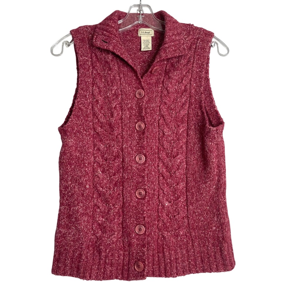 LL Bean Cable Knit Vest Cardigan Womens S Red Wool Blend Fisherman Preppy